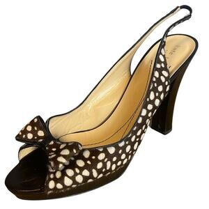 Kate Spade Slingback Peep Toe Calfs Hair Bow Cone Heel Shoes Brown White Sz 10